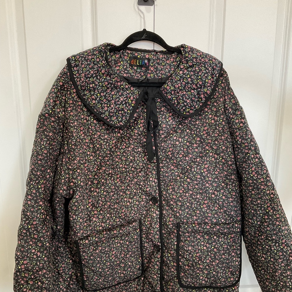dELiA*s Black and Pink Puffer Jacket with Oversized Collar